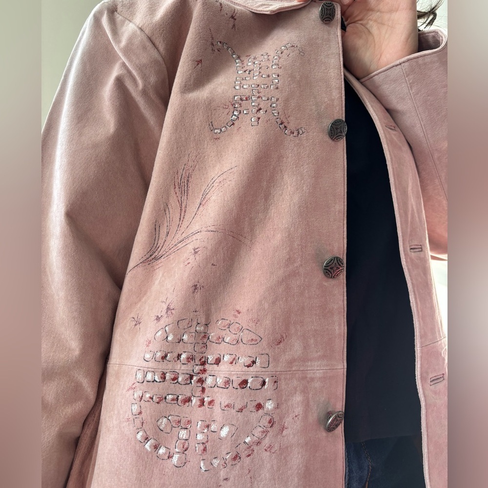 Vintage Ethereal Pastel Pink Painted Geisha Retro Indie Midi Suede Jacket Large - Picture 6 of 14